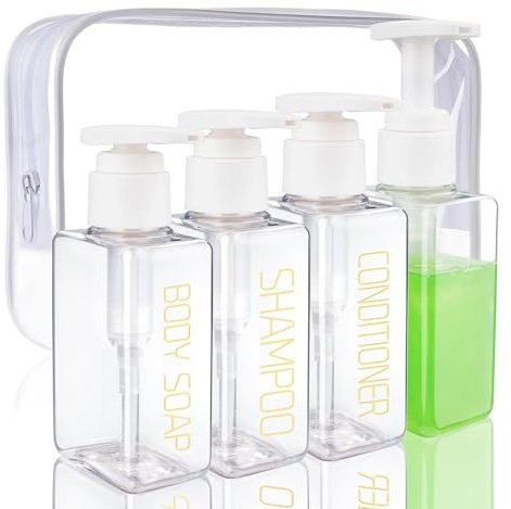 Travel Bottles Travel Accessories Toiletries 4 Pack 3.7oz/110ml Travel Shampoo and Conditioner Bottles Empty Plastic Pump Bottle Dispenser(3labels &1blank)