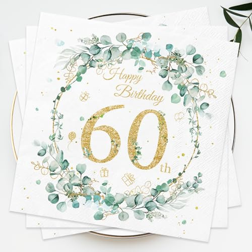 60.Geburtstag Deko, Wentsent 40 Stück Servietten Eukalyptus Geburtstag Grün Gold, Happy Birthday Servietten Einweg Papierserviette für 60. Geburtstagsservietten Jubiläum Tischdeko Frau Mann