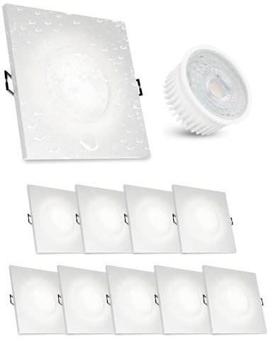 linovum ISAWO Einbauspot 4er Set eckig weiß IP65 LED-Modul 4W neutralweiß | Vier flache Deckenspots IP65 weiß eckig - neutralweiß, nur 23mm tief, für Bad, Vordach & Flur, Echtglas, inkl. LED-Modul
