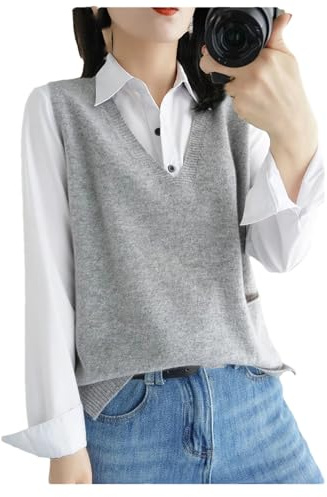 Damen Merinowolle Weste Ärmellos Gestrickte Weste Lockere Taschenweste, grau, M