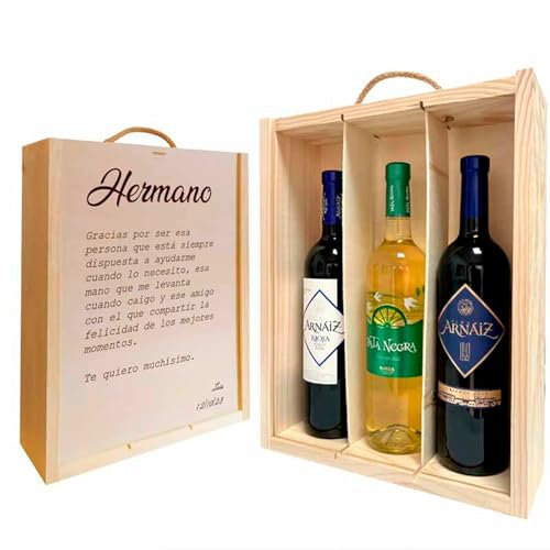 Adri - Caja de madera personalizada con botellas de vinos incluidas - Regalos personalizados originales para padres, madres, hermanos, abuelos (FRASE HERMANO)