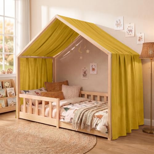 Hook Hausbett Himmel Deko Set, Betthimmel Hausbett aus Musselin - 1 Betthimmel & 1 Wimpelkette, für Jungen Mädchen Deko für Kinderzimmer, Baldachin Kinderzimmer Deko I 135 x 360cm Gelb