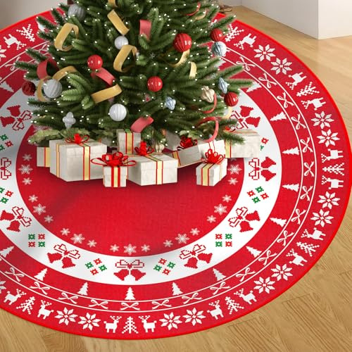 Christmas Tree Skirt,48 inches Xmas Tree Decorations Snowflakes Reindeer Christmas Tree Mat Large Tree Base Covers for New Year Party Christmas Decorations Indoor Outdoor Holiday Decor