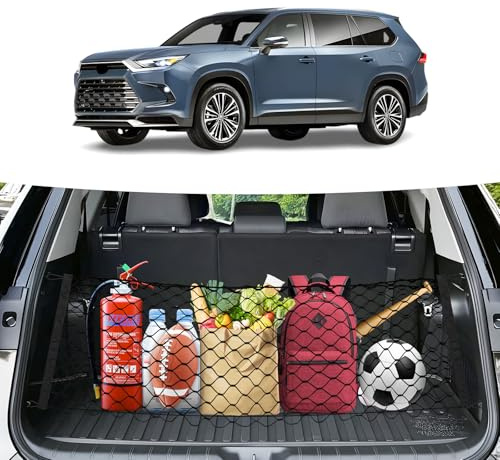 Canvcle Trunk Cargo Net for 2024-2025 2026 Toyota Grand Highlander Accessories Envelope Style Mesh Trunk Net Organizer and Storage Stretchable Adjustable Elastic Nylon Rear Cargo Netting with Hooks