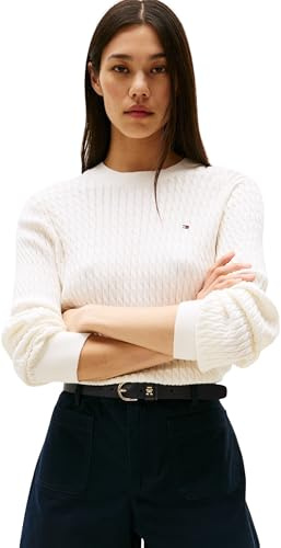 Tommy Hilfiger Donna Pullover Cable Fine Motivo a Trecce, Bianco (Ivory Silk), XL