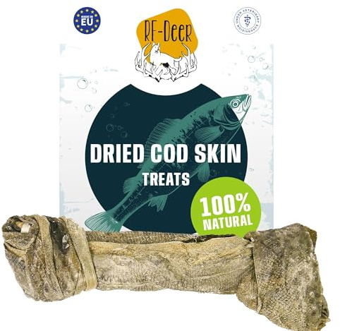 RF-Deer Kabeljauhaut Kausnack für Hunde, Natürlich, Knotenform, 10 Stück | 100 % getrocknete Kabeljauhaut, ohne Konservierungsstoffe, künstliche Aromen, Gluten und GVO, fettarm, für Hunde und Katzen