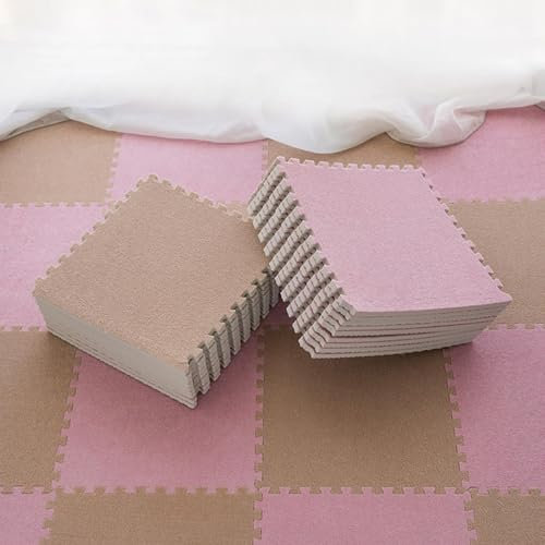 Ineinander greifende Plüschschaummatte, Bequeme Schaumstoff-Teppichfliesen mit Rand, rutschfeste Übungsspielmatte, für Yoga-Spielzimmer (Hellbraun-Rosa, 40 Stück)