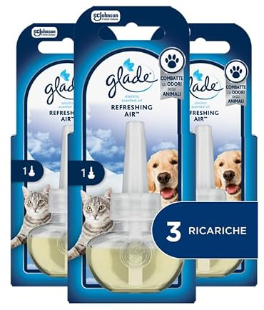 Glade Liquido Elettrico Profumatore per Ambienti Refreshing Air 3 Ricariche | Elimina gli Odori degli Animali Domestici, Fino a 120 Giorni di Profumo per Ricarica, Fragranza Regolabile