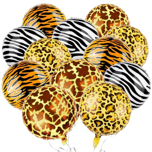 Ballon Jungle, 12 PCS Ballons en Aluminium à Lmprimé Animal, Léopard, Tigre, Girafe, Zèbre Ballon Rond Aluminium, Jungle Safari Ballons, pour Fournitures de Fête Anniversaire à Thème de Jungle