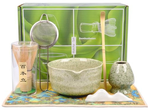 ZJKUBOIS Matcha Tea Set,Matcha Besen Set 7 Stück,Matchaset Grün mit Matcha Besen, Edelstahlsieb, Matcha Schale,Japanisches Geschenk Ceremonial Matcha Starter Set für Matcha-Liebhaber