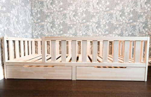 Mandrele - Montessori Bett, Bodenbett mit Lattenrost und Schubladen, Rausfallschutz Bett, Kinderbett, Holzbett mit Bettgestell für Jungen und Mädchen, 200x140cm, Natur Holz