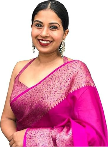 legsa Women's Soft Pure Kanjivaram Silk Saree For Wedding Banarasi Cotton Sari With Blouse Piece (Pink)