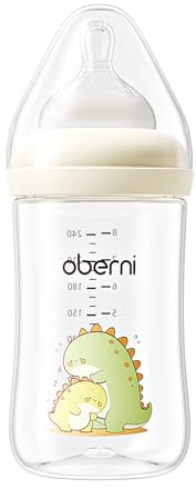 Oberni Anti-Colic Baby Bottles, 240ml / 8oz Newborn Bottle with Size 2 Medium Flow Breast Like Silicone Teat, 3M+ Breastfed and Milk Feeding, Beige/Pack of 1