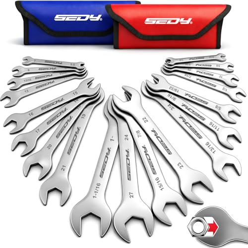 19-Piece Super Thin Open-End Wrench Set, SAE 1/4-1-1/16 & Metric 5.5–27 mm, 3 mm Thickness Slim Wrench Set for Tight Spaces, Nickel Plated Flat Wrenches with Red & Blue Rolling Storage Pouches