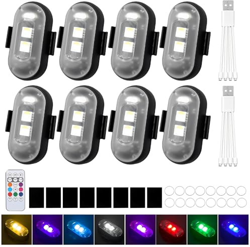 Trådlösa LED-lampor, WDKXCN 8 stycken strobe drönarlampa, 8 färger LED-blixt med fjärrkontroll, LED-flygplan, blixtljus, undergolvbelysning för bil, motorcykel, drönare, skoter
