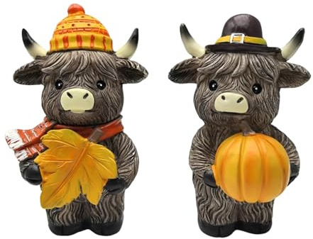 F Fityle Lot de 2 Statues de Vaches des d'automne, citrouilles, érables, Nains de Jardin, Centre de Table Moderne, Figurines de Vaches
