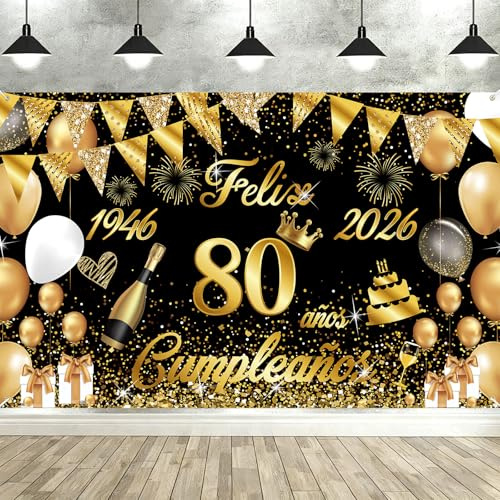 Pancarta Feliz Cumpleaños 80 Anos 1946-2026, Seutgjie Happy Birthday Decoracion para Mujer Hombre para Fiesta Cumpleaños 80 Oro Negro 180 x 110 cm