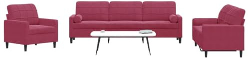 HETFTJN 3-TLG. Samt Sofa-Set weinrot 226 cm Bigsofa Sessel Zweisitzer Dreisitzer mit Metallgestell & Nackenkissen Modernes Design Bequemes Wohnzimmer-Sitzensemble