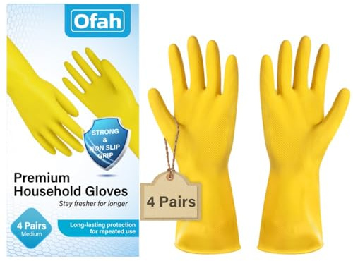 Ofah Premium Household Gloves 4 Pairs Medium Size Strong Non Slip Grip Reusable Rubber Gloves With Extended Cuff Waterproof Design Ideal For Dishwashing Cleaning Gardening And Everyday Home Use