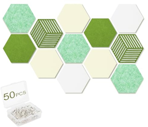 Acidea 12 Stück Filz Pinnwand Sechseckig, Selbstklebende Sechseckige Korkplatte DIY mit 50 Durchsichtig Pushpins, Foto-Display-Tafel, pinnwand modern Dekoration für Fotos, Memos, Wanddekoration