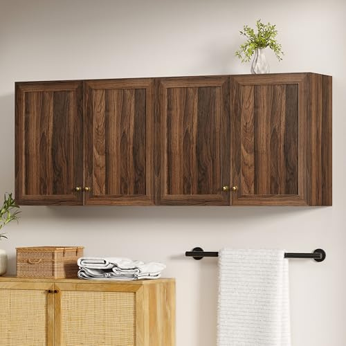 MoomJiee Bathroom Wall Cabinets Set of 2 Wall Mounted Storage Cabinet with Adjustable Shelves Floating Cupboard Kitchen Organizers Pantry Cabinet for Living Room, Laundry Room, Brown