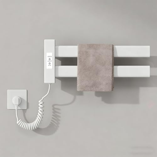 Toallero Electrico de Pared 450x180mm Radiador Electrico Bajo Consumo 50W Toallero de Paneles Radiador Calefactor para Baño con 2 Barras de Aluminio IP45 Temporizador Temperatura Ajustable Blanco