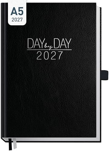 Häfft® Organizer Day by Day Buchkalender 2027 A5 Schwarz | 1 Tag 1 Seite, Tagesplaner Kalender, Hardcover Tageskalender Terminkalender, Terminplaner mit Uhrzeiten, Tageszielen & mehr
