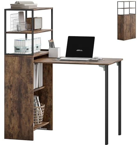HOMCOM Folding Computer Desk with 4-Tier Bookshelf Study Table Rustic Brown