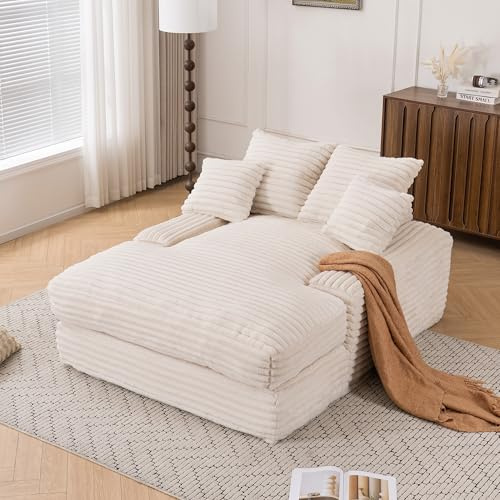 Ktipm Suave Sofá Cama Sofa Chaise Longue con 4 Cojines, Sofa Salon de Suelo Moderno, Sofás Comprimidos Boneless Couch, Sofas de Salon, 137x175x63 cm, Pana, Beige