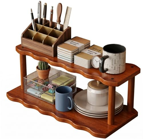 Wilafury Espositore per Tazze da caffè, ripiano portabicchieri in Legno, scaffale Organizer a 2 Livelli per Cucina, casa, Ufficio, 40 cm