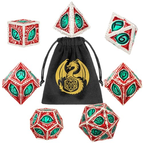 Set di Dadi in Metallo DND, Motivo Occhio di Drago, 7 pezzi di Dadi Poliedrici in Metallo, per Giochi di Ruolo da Tavolo, Regali D&D con Borsa Regalo, D20, D12, 2D10, D8, D6, D4, Bianco, Rosso, Verde | Set di dadi DND, 7 pezzi, D20 D12 2D10 D8 D6 D4, per giochi di ruolo, D&D, regalo per uomini e donne, argento, rosso, verde