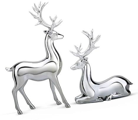 Ycauty Eleganta Hjortfigurer Statyer Set för Heminredning, Charmig Design med Stående och Knästående Ställning, Tillverkad i Harts, Perfekt Present Till par (Silver)