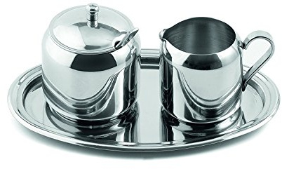 Weis Zucker und Sahne Set mit Tablett und Löffel aus Edelstahl in der Farbe Silber, Größe: 17,50x17,50x8,30 cm, 16935