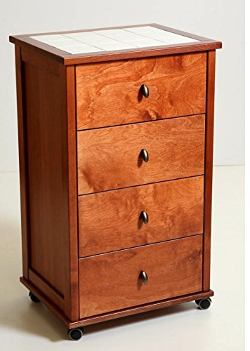 Liberoshopping Cassettiera in Legno massello con 4 cassetti, Piano Superiore con mattonelle in Ceramica, con Ruote (Ciliegio)