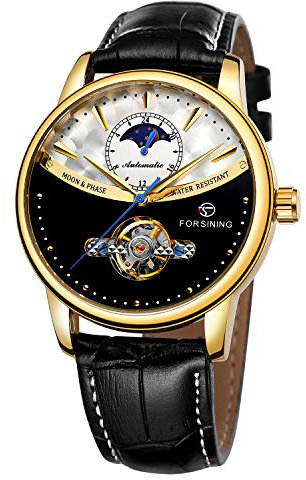 Yoodeet Genuine Leather Self-Winding Mechanical Wrist Watch Men Stainless Steel Skeleton Automatic Watches for Men Flywheel Calendar Watch