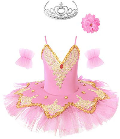 Oyolan Kinder Mädchen Pailletten Tanz Ballerina Kostüm Schwanensee Ballett Outfit Ballett Trikot Prinzessin Performance Kostüme Tutu Kleid Gr.98-152 Rosa 134-140