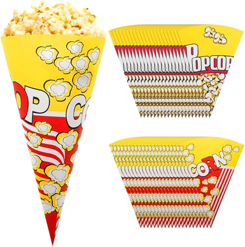 Small Paper Popcorn Boxes, 100 Pack Cone Shape Treat Candy Snack Container Food Containers - Reusable Paper Snack Bags Popcorn Bags for Carnival, Home Cinema, Party Themes,8 x 6.29 Inch