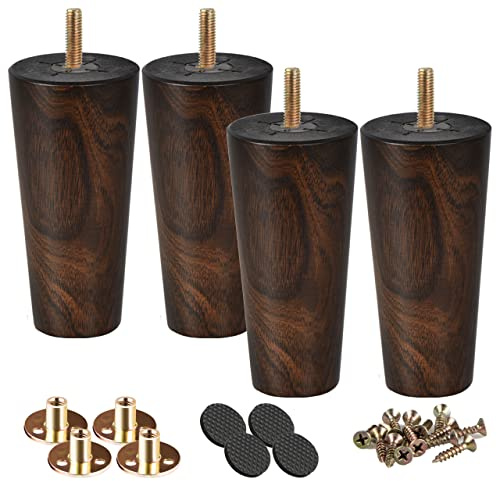 Btowin Gambe per mobili in legno massello da 12,7 cm, 4 pezzi, piedini di ricambio affusolati in legno wengé moderno della metà del secolo, con bulloni filettati da 5/16 e piastra di montaggio per