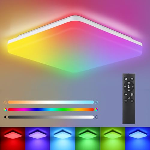 LEOEU LED Deckenleuchte Farbwechsel mit Fernbedienung, 24W 2400LM RGB Deckenlampe Dimmbar 7 Lichtfarben, IP54 Eckig Badleuchte für Wohnzimmer Schlafzimmer Deckenleuchten, 28*28*4.8cm 24W