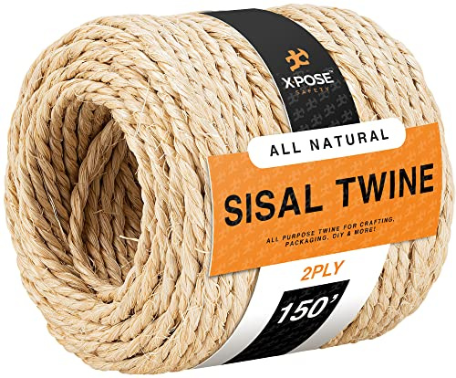 Sisal Twine - 2 Ply Thin Natural Fiber Rope on Spool - for Cat Scratching Post, Cat Tree Replacement Parts, Pet Toy - Decorative Cordage, Pole Wrap (150ft)
