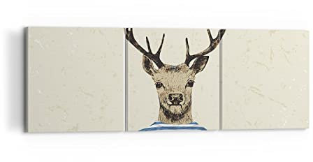 Bilder auf Leinwand 120x40cm Leinwandbild Hipster Anthropomorphismus Hirsch Groß Wanddeko Bild Schlafzimmer Set 3 teilige Wandbilder Dekoration Wohnzimmer Canvas Wand Kunstdruck Art CA120x40-4227