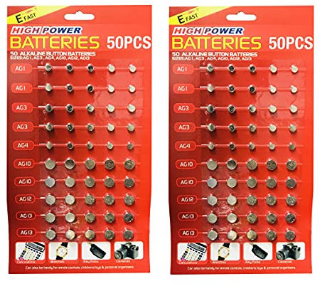 Assorted Mixed Alkaline Button Cell Batteries AG1/LR621 | AG3/LR41 | AG4/LR66 | AG10/LR54 | AG12/LR43 | AG13/LR44 Battery for Watches, Calculators, Key Fobs, Toys (Pack of 100)