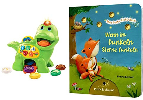 Vtech Baby Fütter Mich Dino – Sprechender Dinosaurier & Mein Puste-Licht-Buch: Wenn im Dunkeln Sterne funkeln: Gute-Nacht-Buch mit Puste-Licht und LED-Lämpchen, Mitmachbuch für Kinder ab 18 Monaten