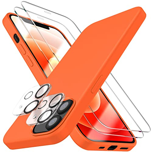 Dssairo [5 in 1 für iPhone 12 Hülle/iPhone 12 Pro Hülle 6.1, mit 2 Pack Displayschutzfolie + 2 Pack Kameraobjektivschutz, Flüssigsilikon Slim Stoßfest Schutzhülle Handyhülle (Orange)