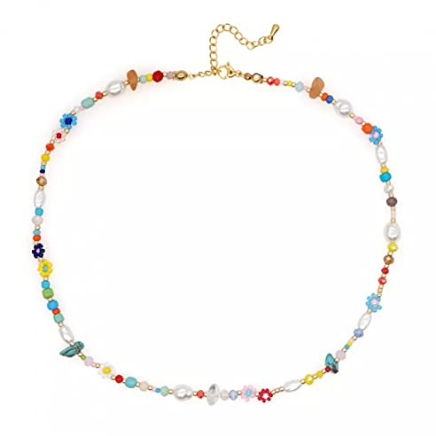 Halskette Anhänger Bunte Gänseblümchen-Halskette Imitationsperle Unregelmäßiger Stein Verschiedene Perlenketten für Frauen Geschenkschmuck Geburtstag Hochzeit Weihnachts Geschenke für Frauen
