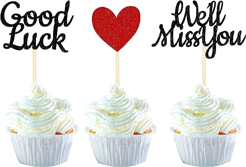 Pack of 24 We Will Miss You Cake Decorations, Glitter, Red, Love Heart, Good Luck Cupcake Toppers, Retirement Cake Decoration for Retirement Theme, Going Away Party Cake Decorations