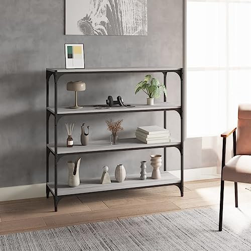 Higsose 100x33x100 cm Bücherregal Holzwerkstoff und Stahl Regal Schmal Metallregal Standregal Holz Offenes Regal Vielseitige Regal Standregal Bücherregal Wohnzimmer Möbel Holzregal Grau Sonoma