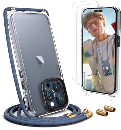 UYMO Handykette Hülle mit Band Für iPhone 15 Pro max 6.7-Necklace Transparent Handyhülle Case mit Strap Schnur Abnehmbar, Schutzhülle zum Umhängen Kordel,Blau