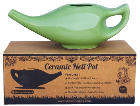 Ancient IMPEX Ceramic Neti Pot (Green, 250 ml) with 5 Sachets of Neti Salt – Natural Sinus Pressure & Congestion Relief | Ayurvedic Nasal Cleansing Pot