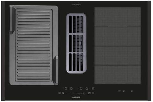 Oranier Flächen-Induktionskochfeld 80 cm KFA590 - großes Kochfeld mit Abluft-Umluft Kochfeldabzug & gerillter Grillplatte & schwarzen Seitenleisten